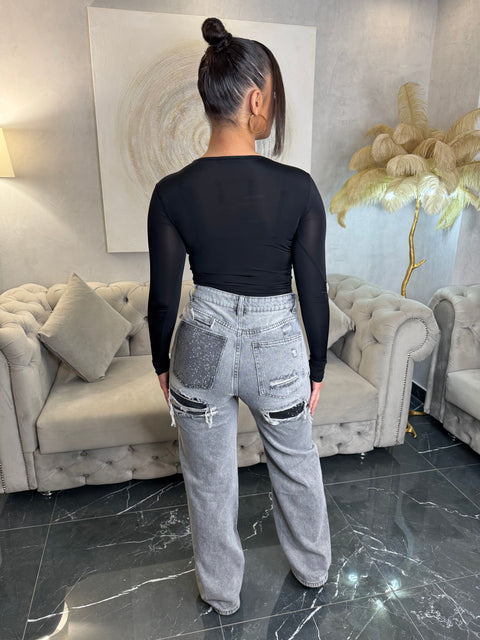 JEAN GRIS POCHE À MOTIFS